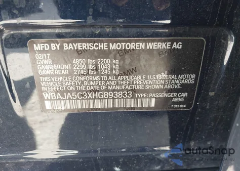 2017 BMW 530I z USA, uszkodzony, nr VIN WBAJA5C3XHG893833